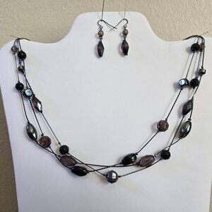 Jet Crystal and Hematite Multi Strand Necklace with earrings